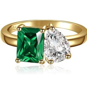 NEW 14K Gold Plated Toi Et Moi Women's Engagement Ring 6x8mm Pear